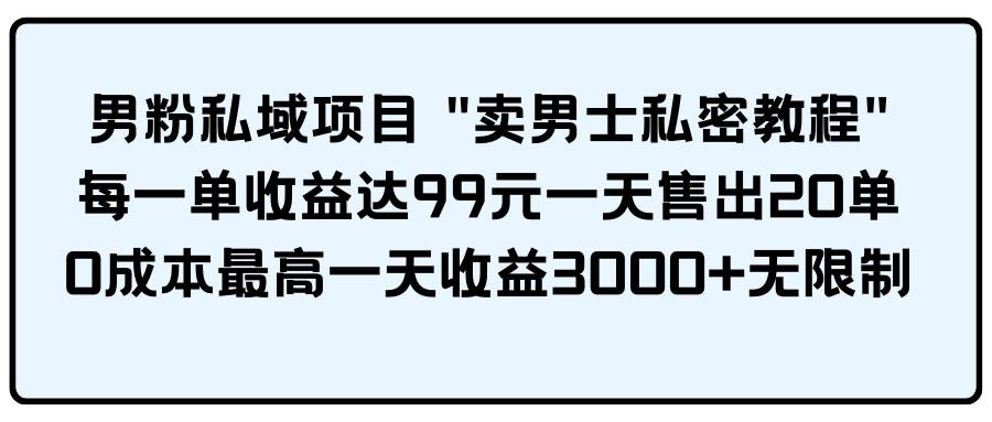 男粉私域项目 卖男士私密教程 每一单收益达99元一天售出20单-58轻创项目库