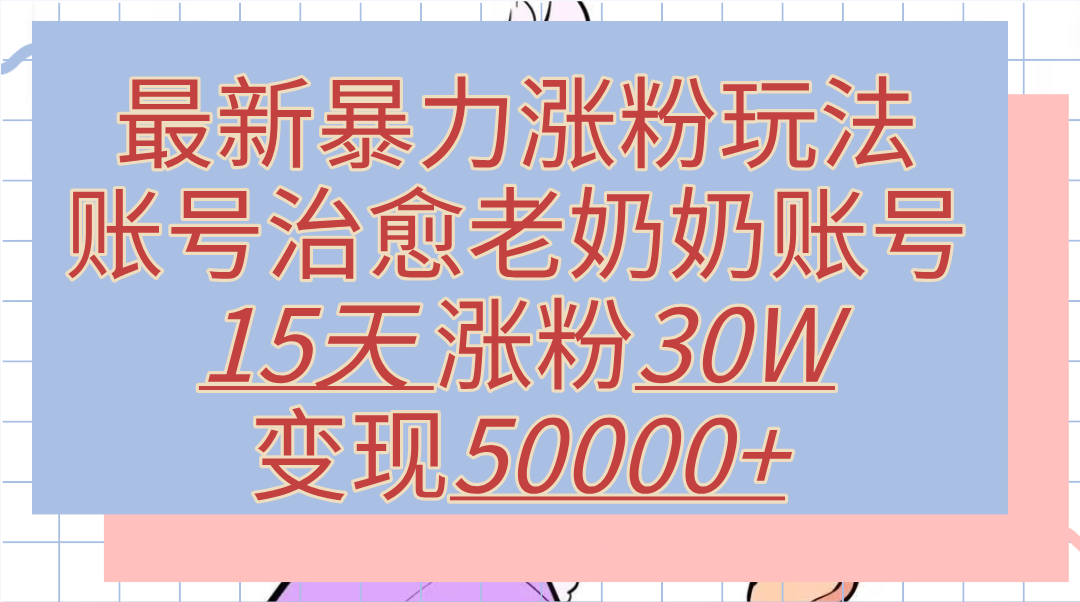 最新暴力涨粉玩法，治愈老奶奶账号，15天涨粉30W，变现50000+【揭秘】-58轻创项目库