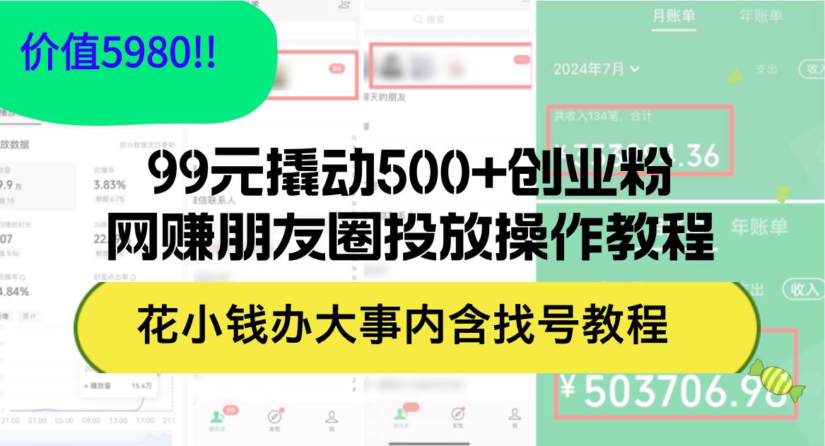 99元撬动500+创业粉，网赚朋友圈投放操作教程价值5980！花小钱办大事内…-58轻创项目库